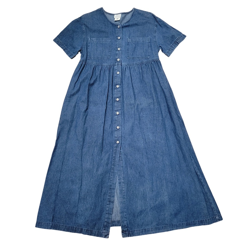 Vintage Cottage Prairie Western Modest 10 Denim Dress Blue Button Front Maxi